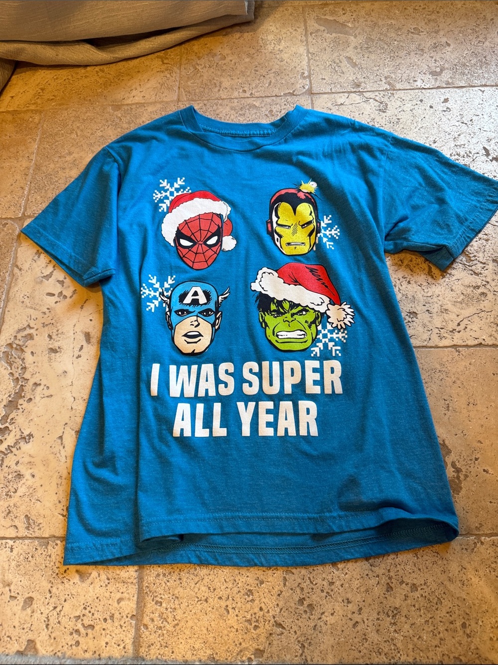 Marvel Boys Teal Holiday Superhero Tee with Red, Yellow, Green Accents